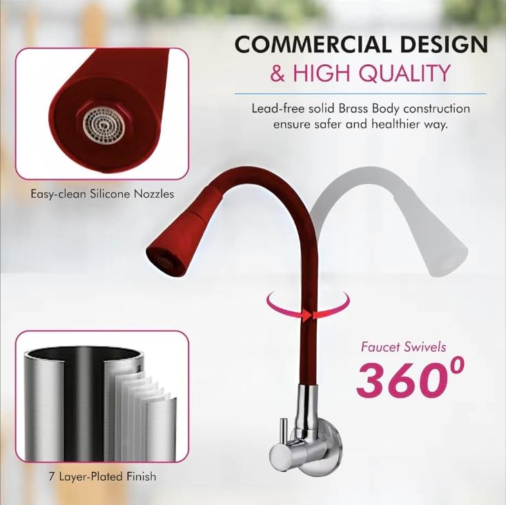 SEARENE BATHWARE Kitchen Sink Tap, Flexible Neck Wall Mount Sink Mixer Tap | Dual Flow Medium Shower Flow & Foam Flow | 360° Swivel Spout | Chrome Finish Brass Body | Silicone Flexible Spout Faucet for Modular Kitchen - Image 4