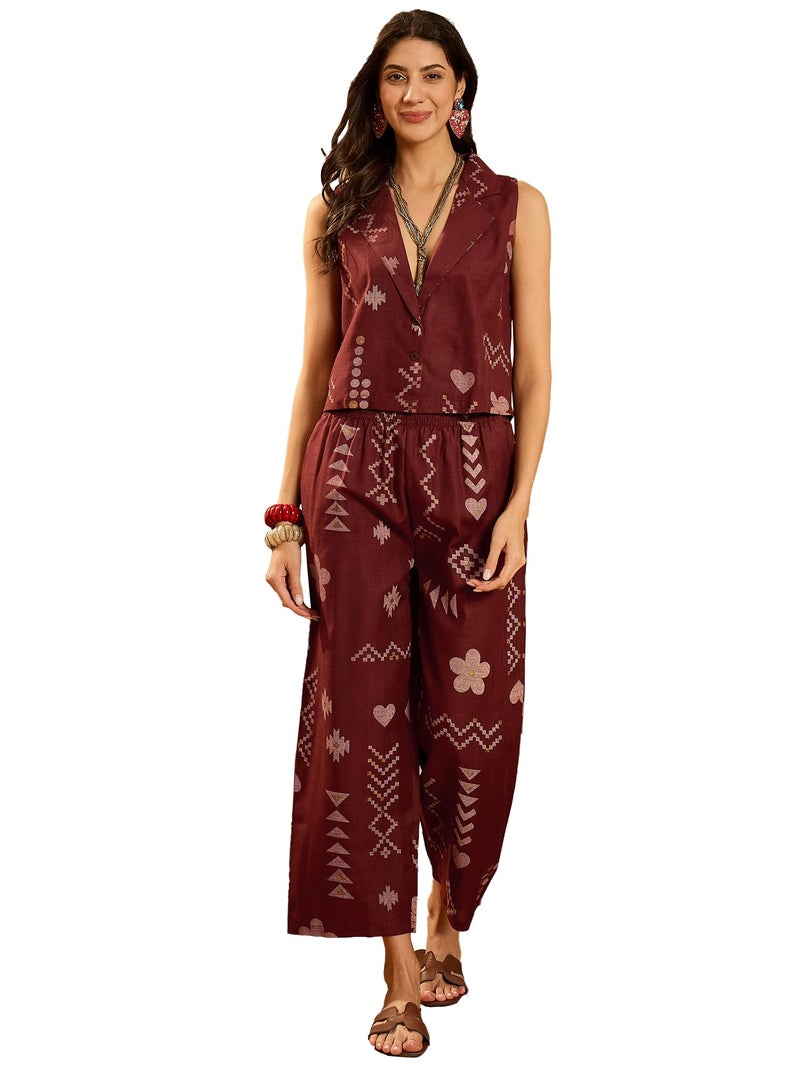 Stylum Women's Rust Geomatric Printed Cotton Blend Short Kurti Pant Set (Large) - Image 1