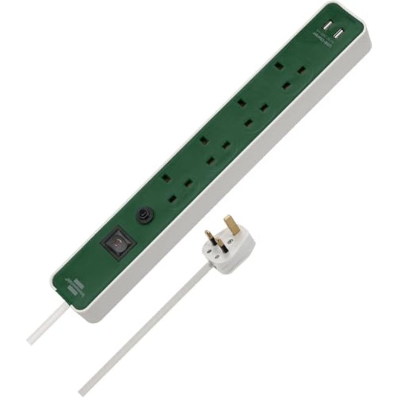 للاستخدام في المكتب المنزلي، سلسلة تمديد خضراء مطلية بـ PVC بأربعة اتجاهات مع منافذ 2xUSB وطول كابل 3 أمتار وحماية من زيادة التيار. - Image 5