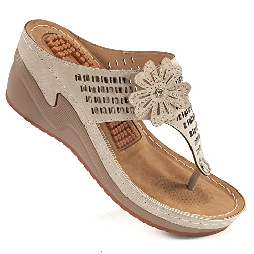 Aomigoct Wedge Sandals Women Flip Flops with High Increased Flower Platform Sandals for Women Dressy Summer Wedge Shoes Cushion FootBed Comfort Flip Flops - Image 1