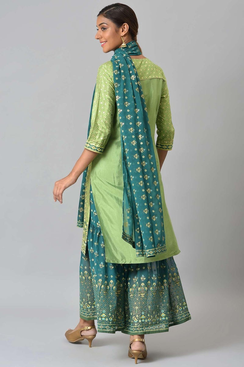 Aurelia Liva Green Foil Printed Kurta with Sharara and Dupatta (Size: S)-24AUD10444-504440 - Image 2