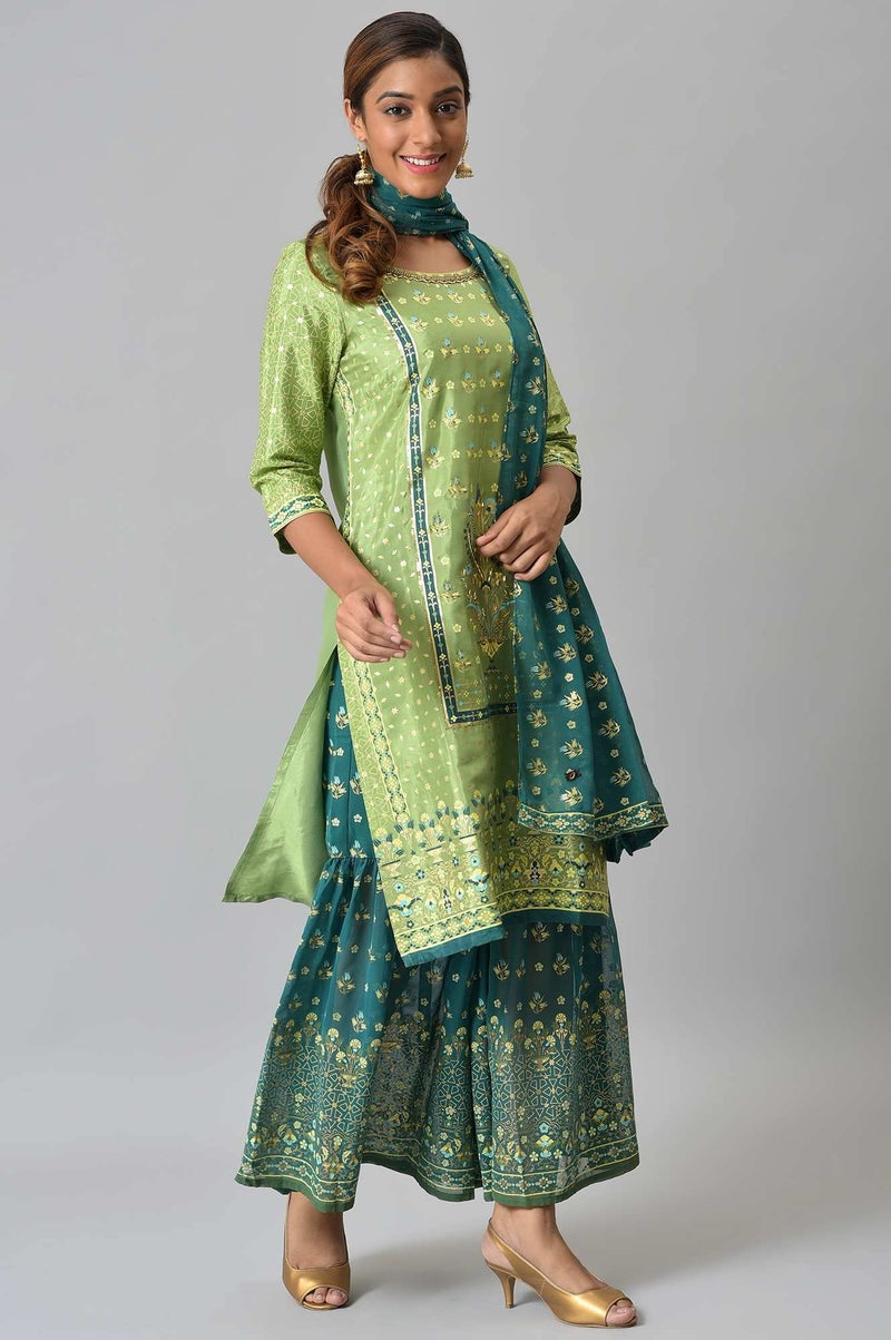 Aurelia Liva Green Foil Printed Kurta with Sharara and Dupatta (Size: S)-24AUD10444-504440 - Image 4