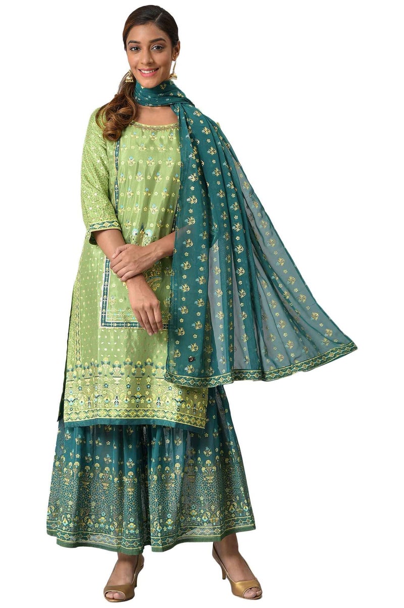 Aurelia Liva Green Foil Printed Kurta with Sharara and Dupatta (Size: S)-24AUD10444-504440 - Image 1