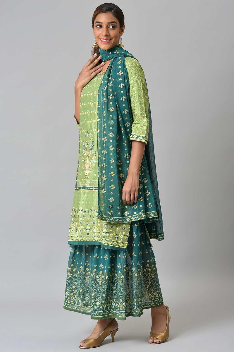 Aurelia Liva Green Foil Printed Kurta with Sharara and Dupatta (Size: S)-24AUD10444-504440 - Image 3