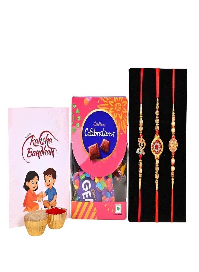 Poorak Religious Assorted Gift Pack – 3 Rakhi, Small Celebration, Roli Chawal & Greeting Card - Image 1