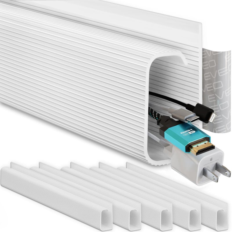 EVEO Cable Management 96'' J Channel- 6 Pack Cord Cover- Cable Raceway- Cable Management Under Desk with Adhesive Stripe Built-in 6 X 16in- Easy to Install Desk Cord Organizer- Cable Raceway, White - Image 1