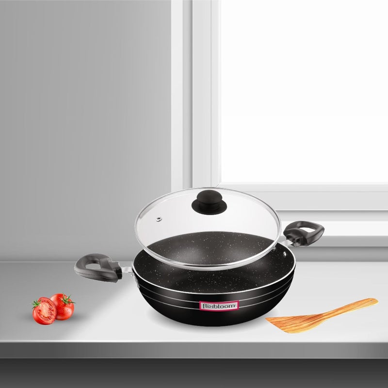 FLIXBLOOM فلكس بلوم مجموعة أواني الطهي غير اللاصقة من الألمنيوم الأسود قاعدة تحريض صديقة للغاز عمق القلي 2 لتر مع غطاء - Image 2