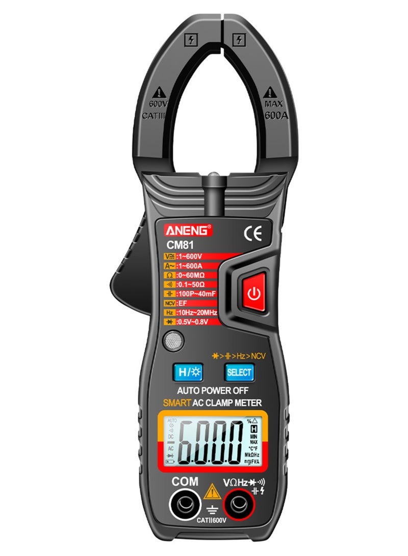 Smart AC Clamp Meter with 6000 Counts Auto Range Voltmeter, 600A Ammeter, Resistance Meter, and Flashlight - Black - Image 1