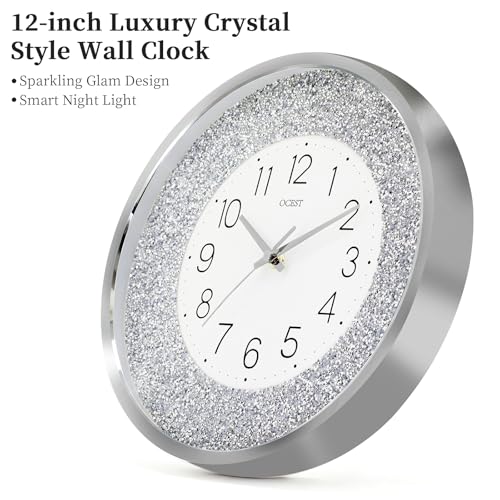 OCEST 12 Inch Wall Clocks Crushed Diamond Night Light, Silent LED Sparkle Glow in The Dark Decorative Large Display Clock for Bedroom, Living Room, Kitchen - Silver - Image 3