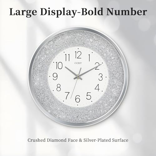OCEST 12 Inch Wall Clocks Crushed Diamond Night Light, Silent LED Sparkle Glow in The Dark Decorative Large Display Clock for Bedroom, Living Room, Kitchen - Silver - Image 2
