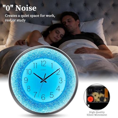 OCEST 12 Inch Wall Clocks Crushed Diamond Night Light, Silent LED Sparkle Glow in The Dark Decorative Large Display Clock for Bedroom, Living Room, Kitchen - Silver - Image 4