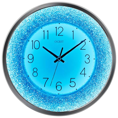 OCEST 12 Inch Wall Clocks Crushed Diamond Night Light, Silent LED Sparkle Glow in The Dark Decorative Large Display Clock for Bedroom, Living Room, Kitchen - Silver - Image 1