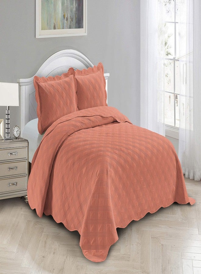 Fancy Linen طقم غطاء سرير من الكتان الفاخر 3 قطع مزخرف بتصميم حديث مربع كبير # جيني (كينغ/كاليفورنيا كينغ، كورال) - Image 1
