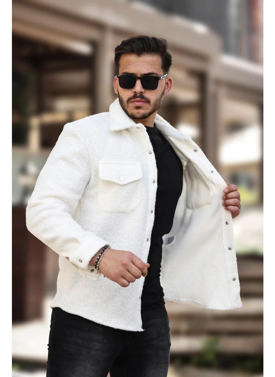 ميرون White Curly Textured Fabric Shirt Collar Pocket Regular Fit Jacket - 2309
