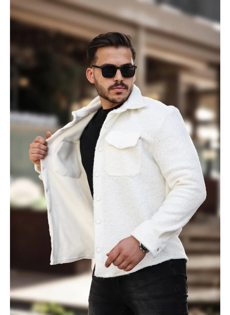 ميرون White Curly Textured Fabric Shirt Collar Pocket Regular Fit Jacket - 2309