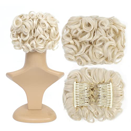 SWACC Short Messy Curly Dish Hair Bun Extension Easy Stretch hair Combs Clip in Ponytail Extension Scrunchie Chignon Tray Ponytail Hairpieces Platinum Blonde60 - Image 1
