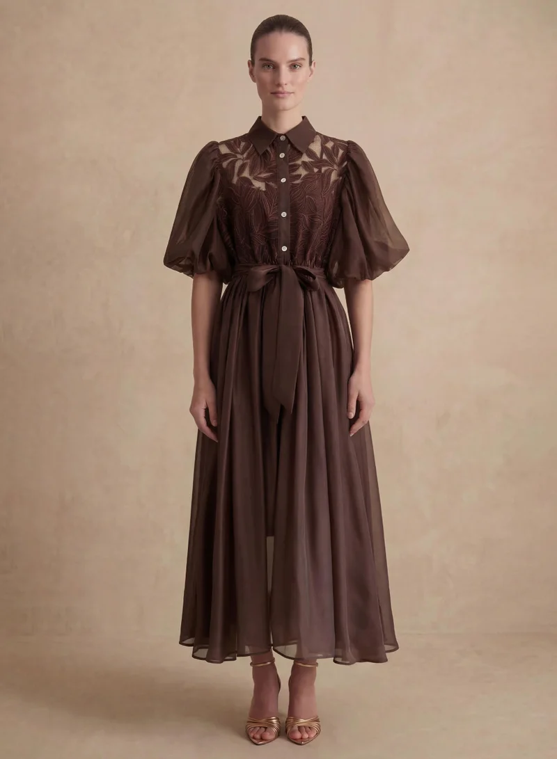 سنفير Breezy Wanderings Brown Leaf Embroidered Puff Sleeve Maxi Dress