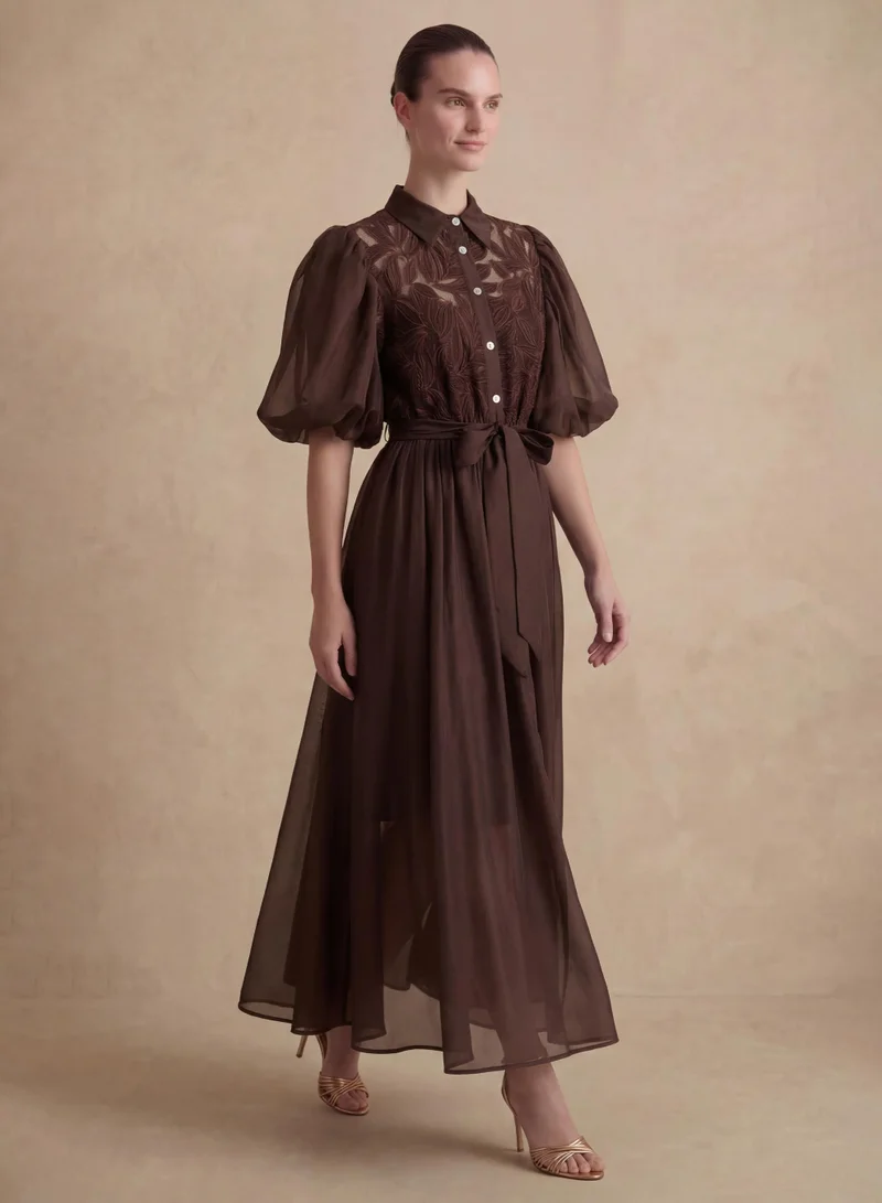 سنفير Breezy Wanderings Brown Leaf Embroidered Puff Sleeve Maxi Dress