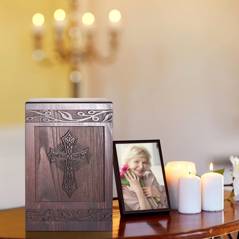 DGDCDV Cremation Urns for Human Ashes Adult Male Female, Wooden Carved Cross Urns Box and Casket for Ashe Men Women Child, Pets Cat Dog Urn, Burial Funeral Memorial Urns for Ashes, Holds 222 Cubic Inch - Image 4
