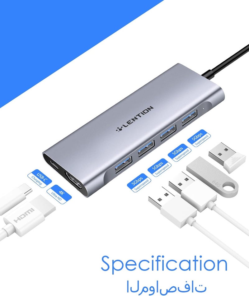 Lention USB C Hub Multiport with 4K HDMI, 100W PD, 4 USB 3.0, Type C Charging Compatible with 2025-2016 MacBook Pro, New Mac Air & Surface, Chromebook, More, Stable Driver Adapter (CB-C35, Space Gray) - Image 3