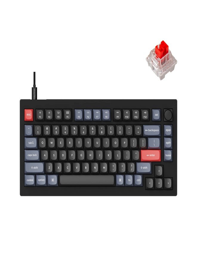 Keychron كيبورد ميكانيكي سلكي Keychron V1 بنسبة 75%، قابل للبرمجة QMK/VIA، مفاتيح حمراء قابلة للتبديل، متوافق مع ماك ويندوز لينوكس - أسود كربوني - Image 1