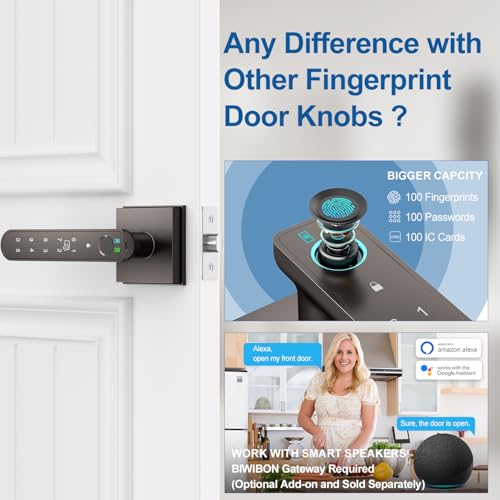 BIWIBON Fingerprint Door Lock, 5 in 1 Finger Print Door Knob with Smart APP/Fingerprint/IC Cards/Password/Backup Keys, Smart Door Knob with Keypad for Bedroom, Office, Apartment, Starry Grey - Image 5
