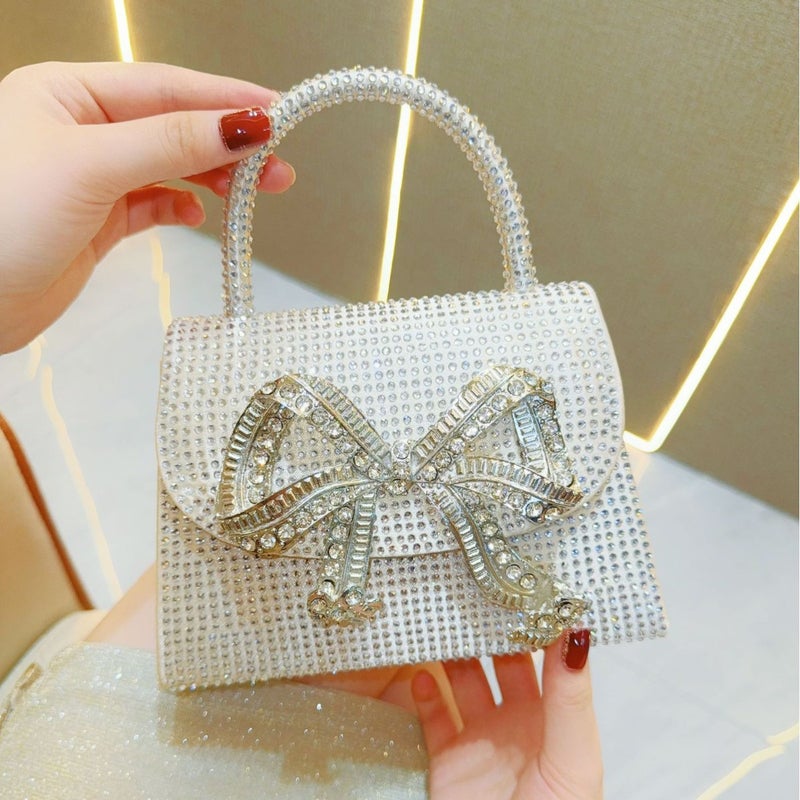 Silk Satin Evening Bag with Rhinestones and Bow Design - Image 1