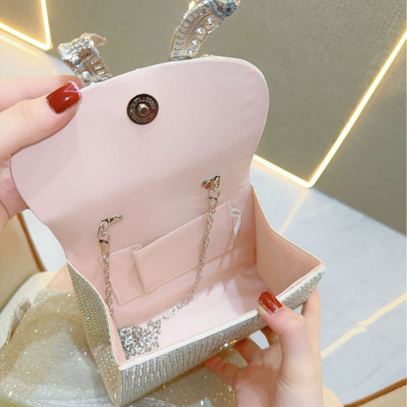 Silk Satin Evening Bag with Rhinestones and Bow Design - Image 4