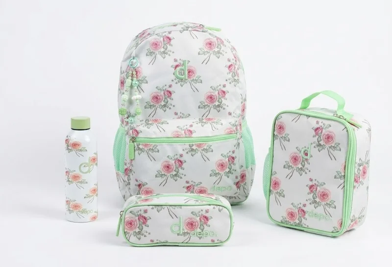 Depo DEPO 4-Piece School Backpack Set 44cm – White Floral Backpack with Lunch Bag, Pencil Case & 500ml 304 Stainless Steel Water Bottle – White & Mint Green