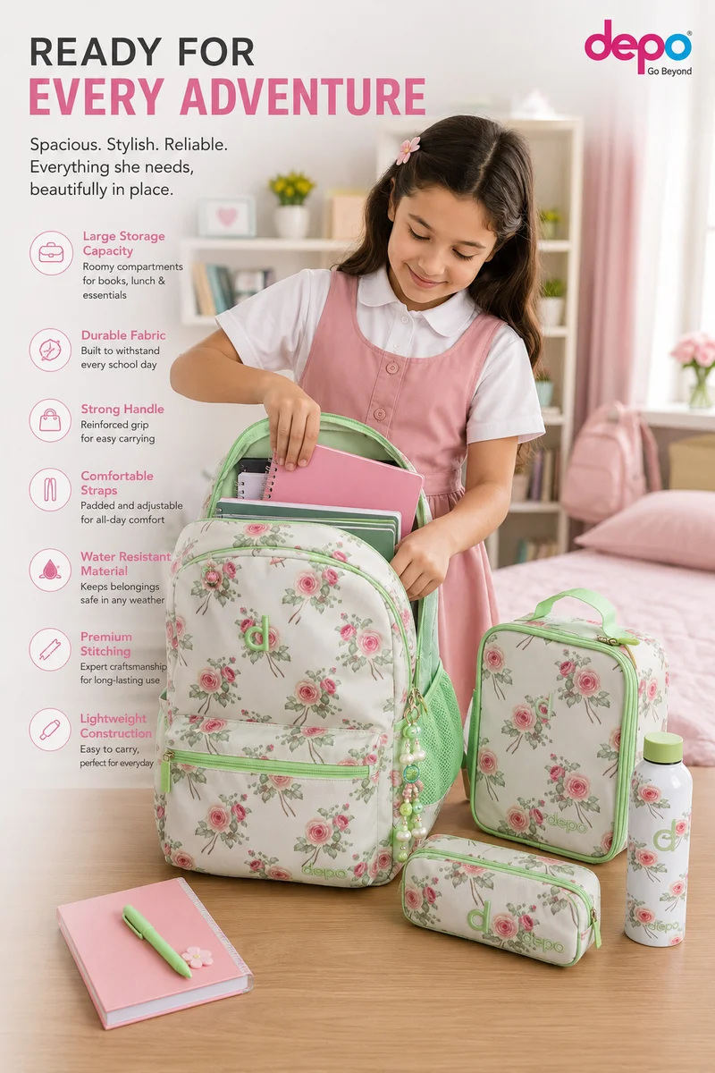 Depo DEPO 4-Piece School Backpack Set 44cm – White Floral Backpack with Lunch Bag, Pencil Case & 500ml 304 Stainless Steel Water Bottle – White & Mint Green
