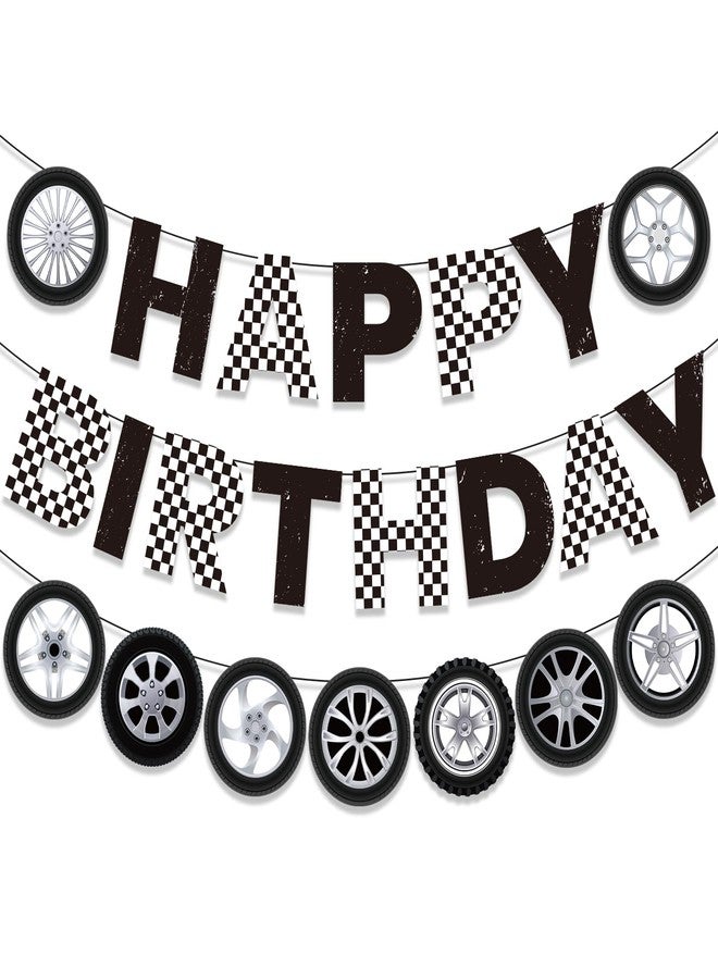 TagreSpike 3PCS Race Car Birthday Party Decorations Wheel Birthday Banner Checkered Car Tyre Banners Black and White Happy Birthday Banner Racing Car Themed Birthday Decorations for Boys Men Bday Party Supplies - Image 1