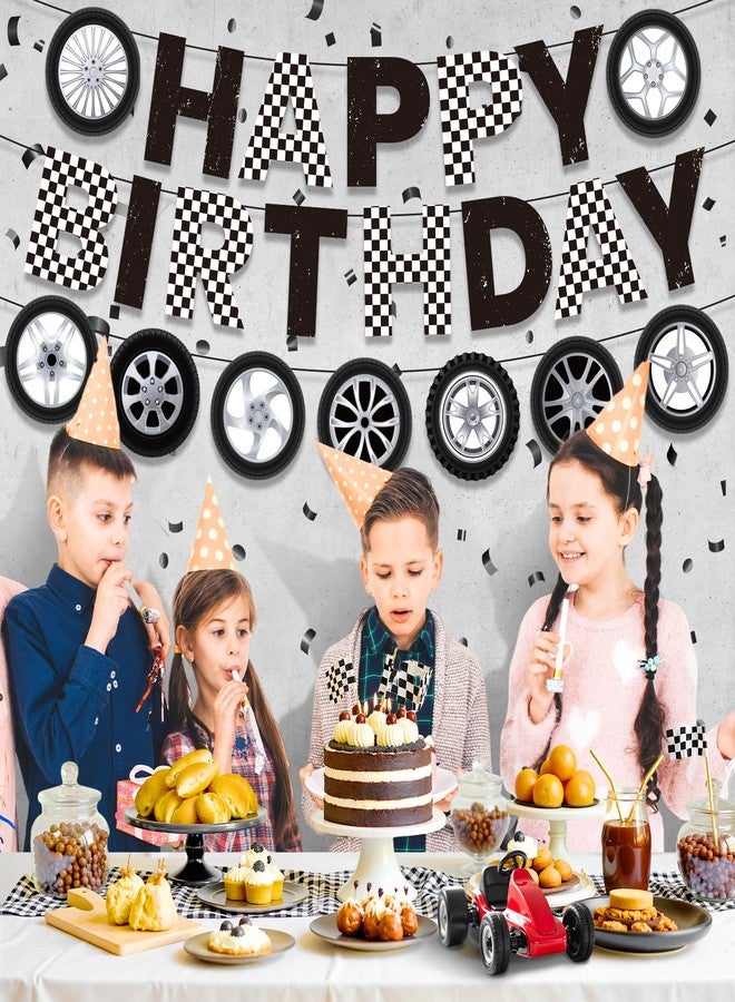 TagreSpike 3PCS Race Car Birthday Party Decorations Wheel Birthday Banner Checkered Car Tyre Banners Black and White Happy Birthday Banner Racing Car Themed Birthday Decorations for Boys Men Bday Party Supplies - Image 5