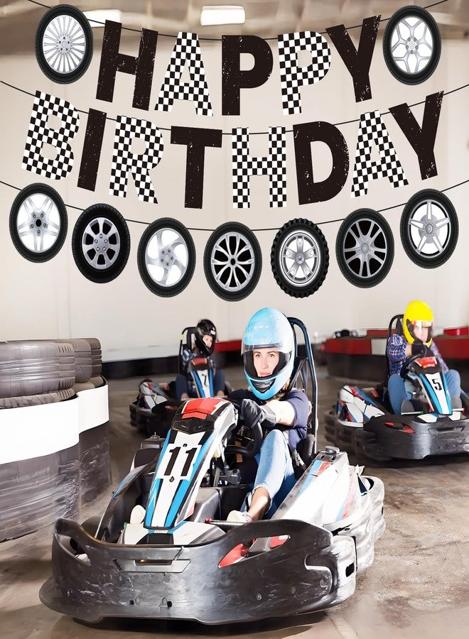 TagreSpike 3PCS Race Car Birthday Party Decorations Wheel Birthday Banner Checkered Car Tyre Banners Black and White Happy Birthday Banner Racing Car Themed Birthday Decorations for Boys Men Bday Party Supplies - Image 3