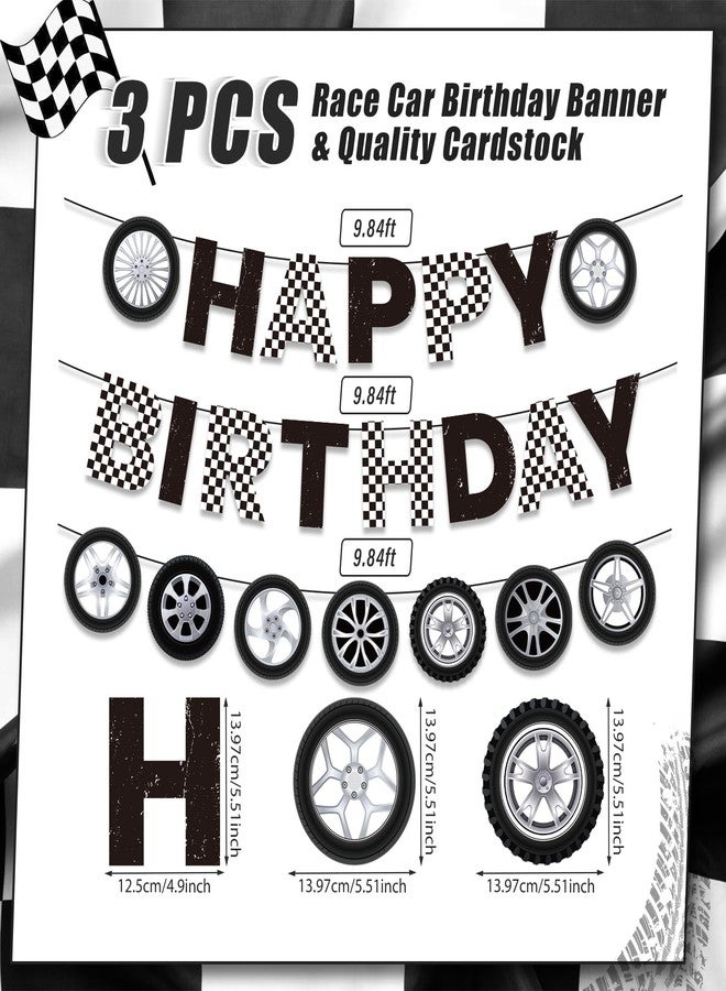 TagreSpike 3PCS Race Car Birthday Party Decorations Wheel Birthday Banner Checkered Car Tyre Banners Black and White Happy Birthday Banner Racing Car Themed Birthday Decorations for Boys Men Bday Party Supplies - Image 2
