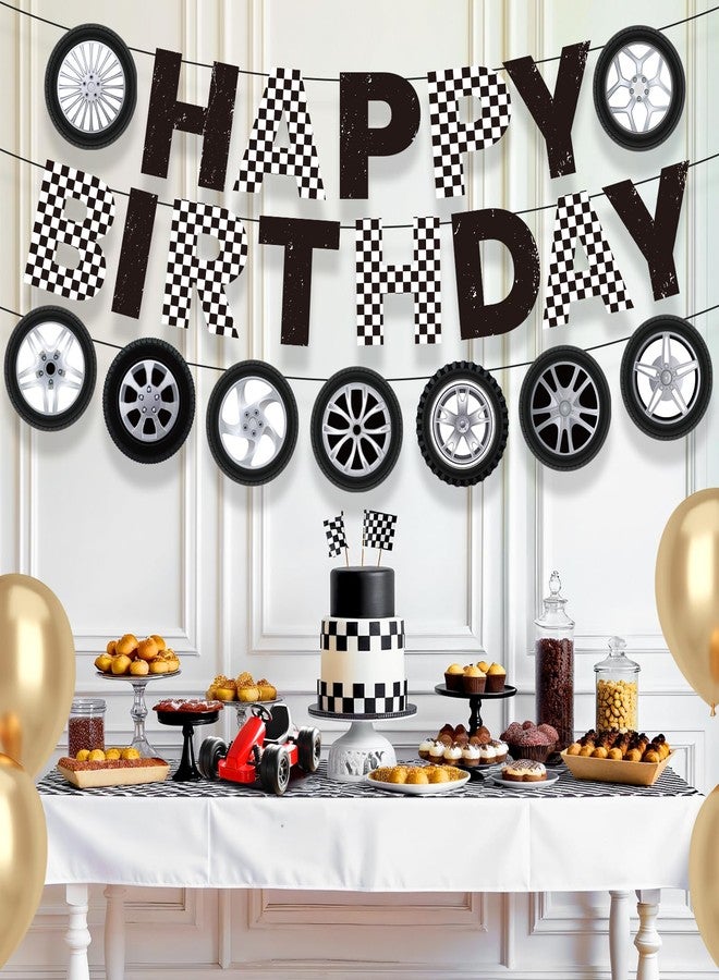 TagreSpike 3PCS Race Car Birthday Party Decorations Wheel Birthday Banner Checkered Car Tyre Banners Black and White Happy Birthday Banner Racing Car Themed Birthday Decorations for Boys Men Bday Party Supplies - Image 4