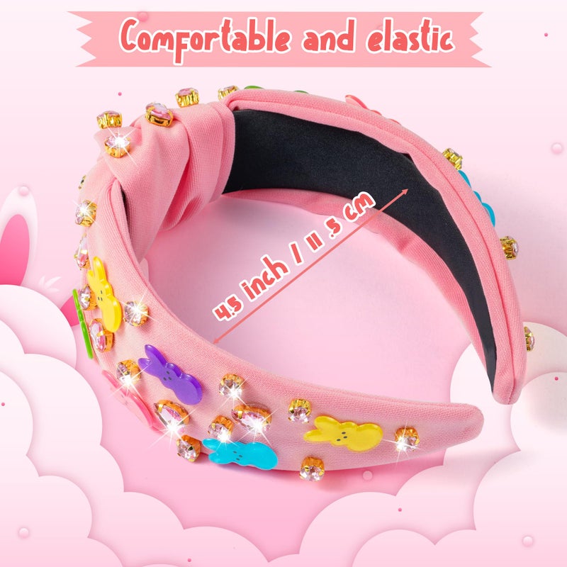 PANTIDE Easter Bunny Jeweled Knotted Headband - Rabbits Rhinestone Crystal Embellished Headband Wide Top Knot Fashion Hairband Hair Accessories Easter Spring Birthday Gift for Women Girls (Pink) - Image 2