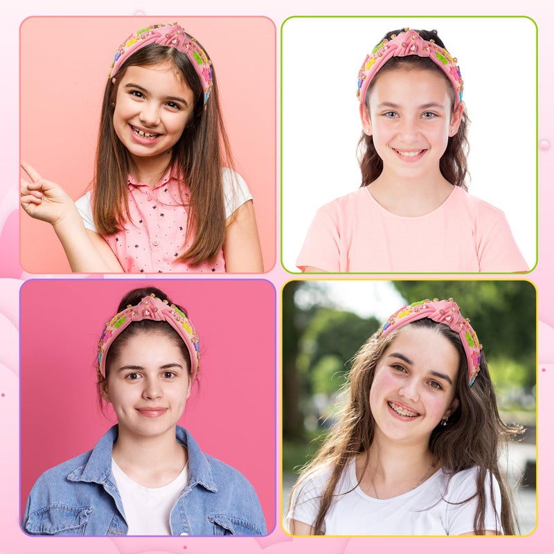 PANTIDE Easter Bunny Jeweled Knotted Headband - Rabbits Rhinestone Crystal Embellished Headband Wide Top Knot Fashion Hairband Hair Accessories Easter Spring Birthday Gift for Women Girls (Pink) - Image 4