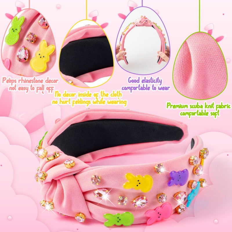 PANTIDE Easter Bunny Jeweled Knotted Headband - Rabbits Rhinestone Crystal Embellished Headband Wide Top Knot Fashion Hairband Hair Accessories Easter Spring Birthday Gift for Women Girls (Pink) - Image 3