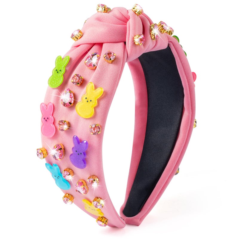 PANTIDE Easter Bunny Jeweled Knotted Headband - Rabbits Rhinestone Crystal Embellished Headband Wide Top Knot Fashion Hairband Hair Accessories Easter Spring Birthday Gift for Women Girls (Pink) - Image 1