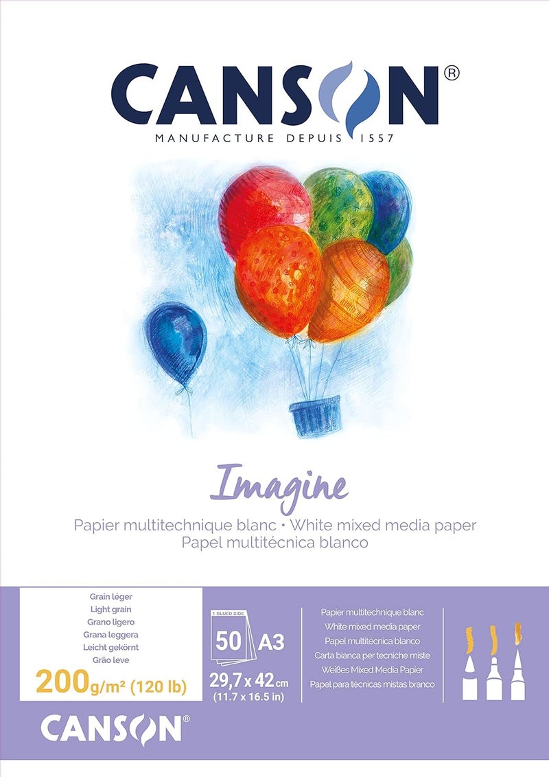 Canson Imagine Mixed Media 200gsm Paper Natural White A3 pad Including 50 Sheets - Image 1