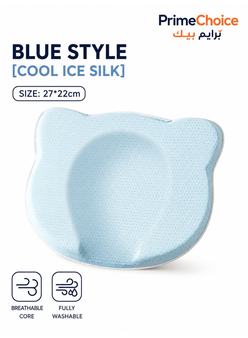 Prime Choice Baby Silicone Shaping Pillow for Newborns, Breathable Round Head Support Pillow, Cooling Ice Silk Infant Pillow with Bear-Shaped Design, Washable Baby Head Support Pillow for Summer, Blue - Image 1