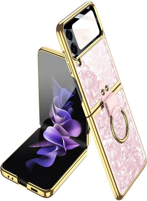 GOLDEN MASK Samsung Z Flip 4 Case with Ring, Electroplated Pearl Shell with Ring Galaxy Z Flip 4 Case Protective Case Designed for Samsung Galaxy Z Flip 4 5G Case (Pink)