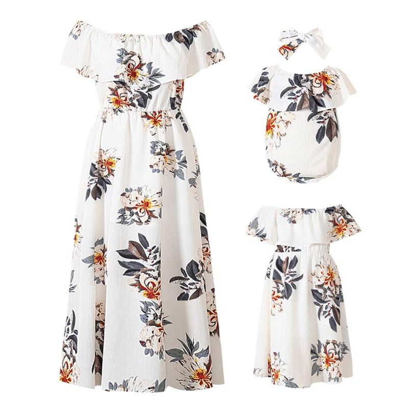 PopReal Mommy and Me Dresses Floral Printed Chiffon Bowknot Ruffles Short Sleeve Beach Mom Daughter Matching Outfits - Image 1