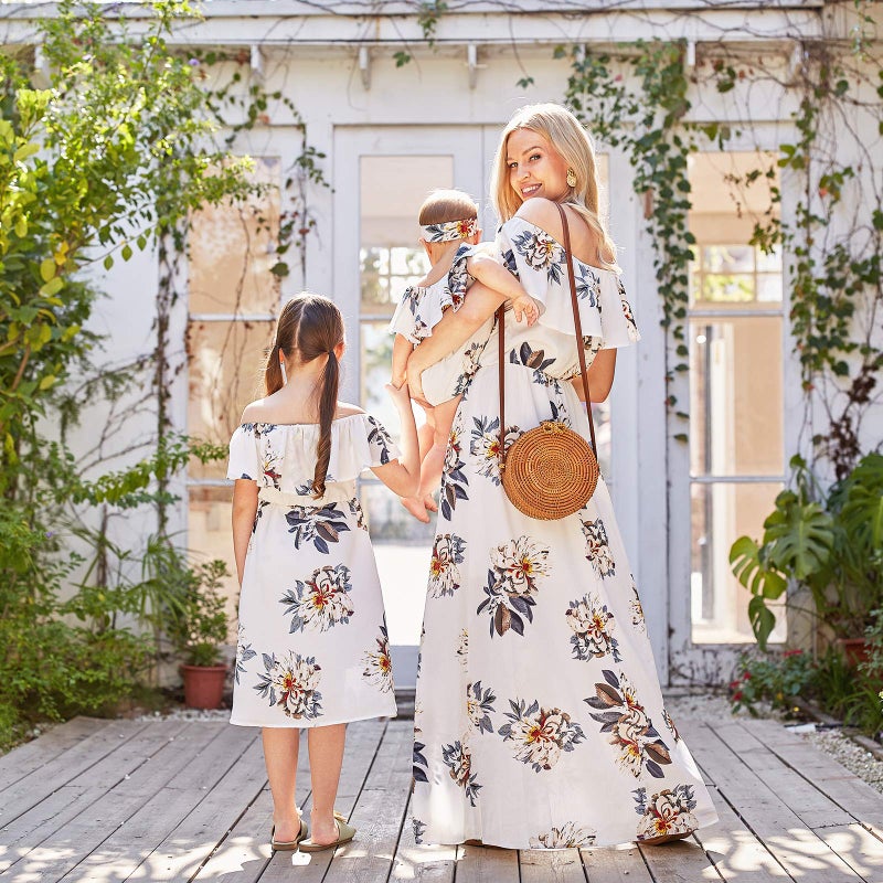 PopReal Mommy and Me Dresses Floral Printed Chiffon Bowknot Ruffles Short Sleeve Beach Mom Daughter Matching Outfits - Image 4