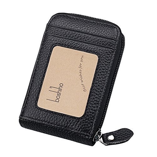 boshiho RFID Blocking Card Holder Genuine Leather Credit Card Case Organizer Compact Wallet Zip Around Accordion Style (Black) - Image 1