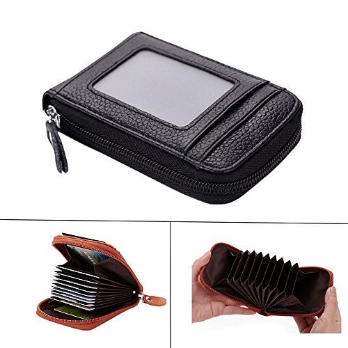 boshiho RFID Blocking Card Holder Genuine Leather Credit Card Case Organizer Compact Wallet Zip Around Accordion Style (Black) - Image 3