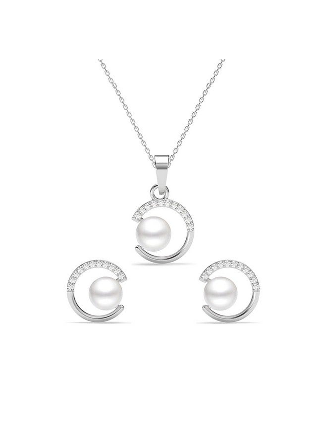 Clara 925 Sterling Silver Zola Real Pearl Pendant Earrings Chain Necklace Jewellery Set | Platinum Plated, Swiss Zirconia |Gift for Women and Girls - Image 1