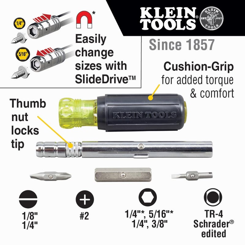 Klein Tools 32596 Multi-Bit Screwdriver/Nut Driver, Magnetic 8-in-1 HVAC Slide Drive Tool with Hex, Phillips, Schrader Bits, Nut Drivers - Image 2