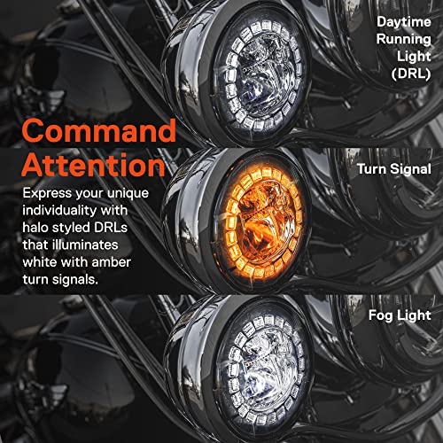 ONLINE LED STORE TRUE MODS 2pc Black 4.5" LED Passing Fog Lights for Harley Davidson Motorcycles [WHITE HALO DRL & AMBER Turn Signals] [Advanced Dual Fish-Eye Lens] [6500K Cold White] Driving Lamps for Harley Bikes - Image 5