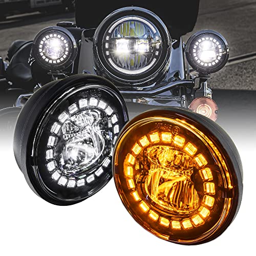 ONLINE LED STORE TRUE MODS 2pc Black 4.5" LED Passing Fog Lights for Harley Davidson Motorcycles [WHITE HALO DRL & AMBER Turn Signals] [Advanced Dual Fish-Eye Lens] [6500K Cold White] Driving Lamps for Harley Bikes - Image 1